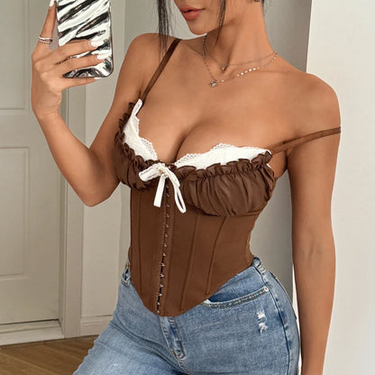 SSexy V Neck Y2K Crop Tops Lace Patchwork Pleated Bowknot Corset Top Sexy Backless Slim Camisole Body Shape Fishbone Bustier