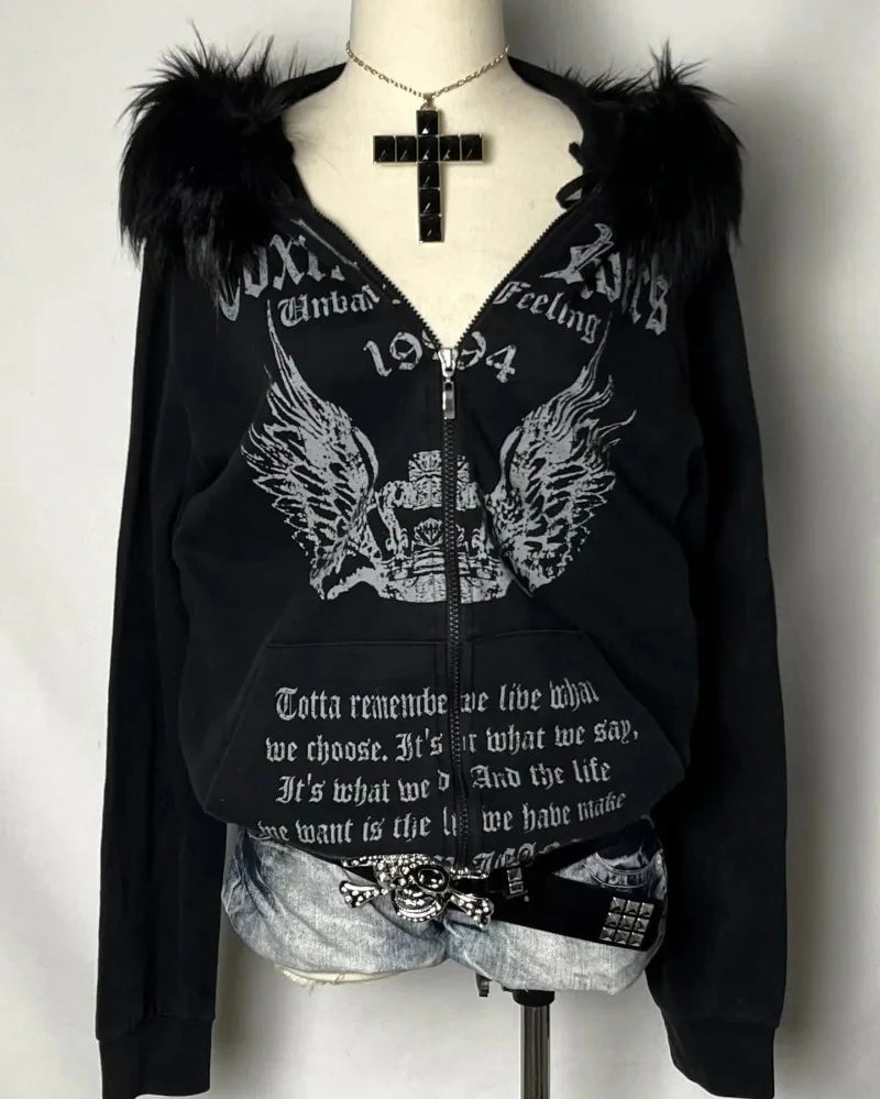 Dark Gothic Style Cross Design Printed Large Fur Collar Zipper Cardigan for Women 2026 Y2k Harajuku Spicy Girl Hooded Sweatshirt