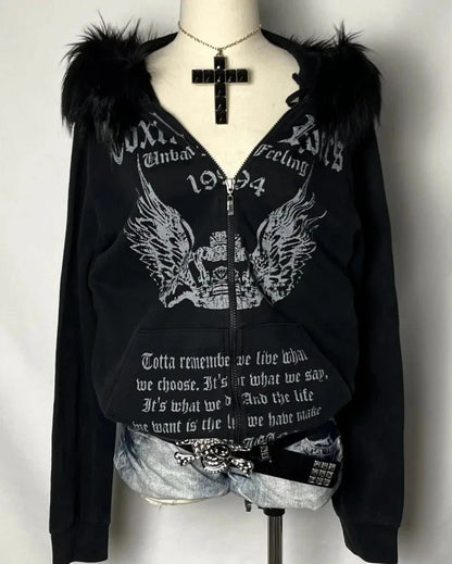 Dark Gothic Style Cross Design Printed Large Fur Collar Zipper Cardigan for Women 2026 Y2k Harajuku Spicy Girl Hooded Sweatshirt