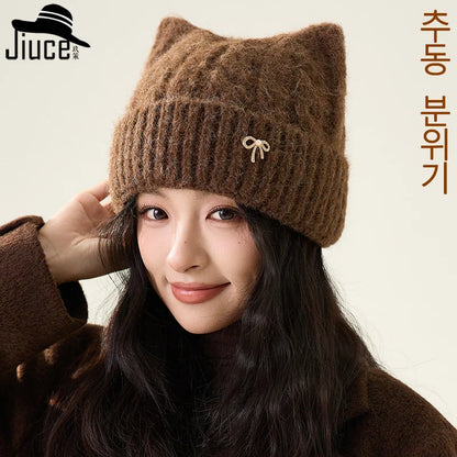 Cute Cartoon Cat's Ears Thickened Knit Hat women's Bow Wool Hat Ear Protection Warm Hat Bonnets Beanies 4m730