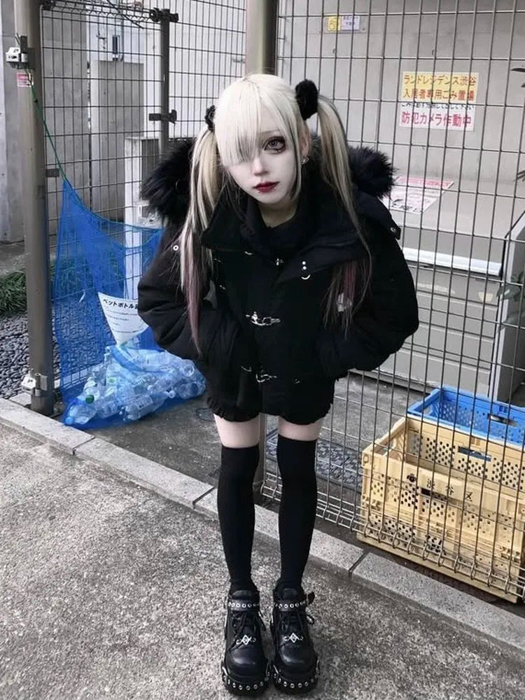 Subculture Gothic Dark Black Shorts Parkas Winter New 2025 Girls' Sweet Cool Fashion Punk Style Metal Button Hooded Coat Jacket
