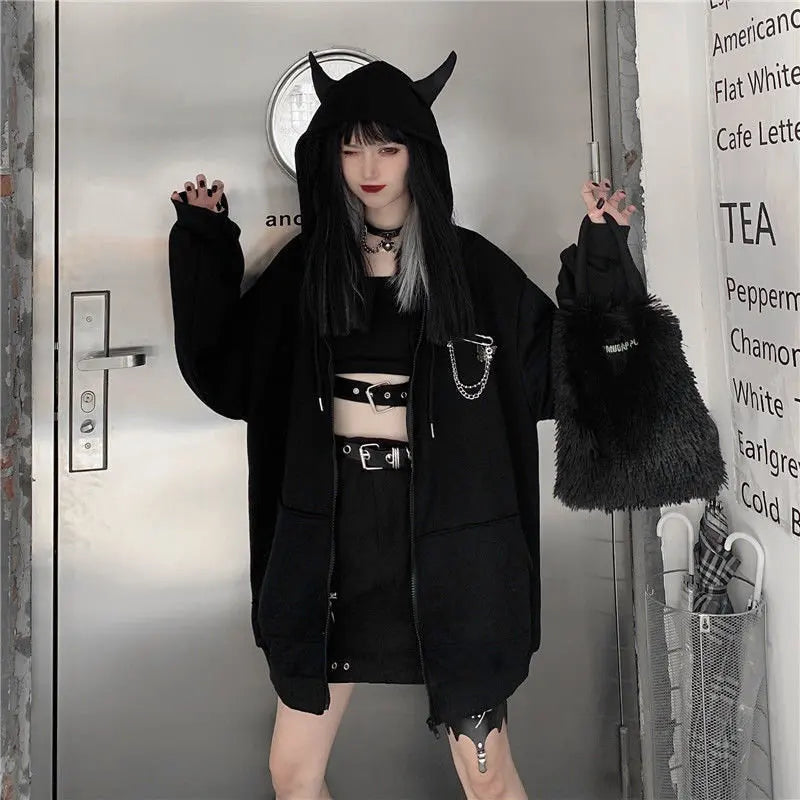 Autumn Womens Harajuku Punk Gothic Girls Black Devil Horn Hoodies Sweatshirt Hooded Japanese Hip Pop Plus Size Top Y2k Clothes