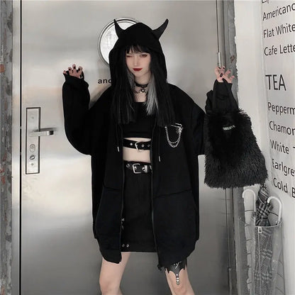 Autumn Womens Harajuku Punk Gothic Girls Black Devil Horn Hoodies Sweatshirt Hooded Japanese Hip Pop Plus Size Top Y2k Clothes