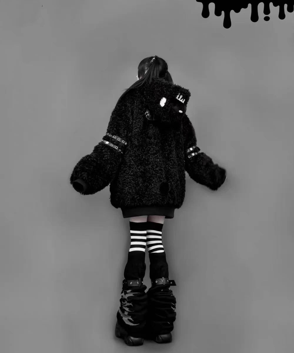 Japanese Gothic Hooded Plush Coat New Autumn Winter Subculture Cool Girl Women's Punk Rivet Lamb Wool Hoodie Jacket Zipper Coat