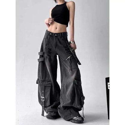 American Gothic Heavy-Industry Multi-Pocket Ripped Black Jeans Retro Fashion Men and Women Loose Wide Legs Casual Pants