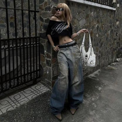 SylCue Letter Print T-Shirts Woman Summer Trend Skew Collar Off Shoulder Navel Exposed High Street Casual Fashion Style Tees