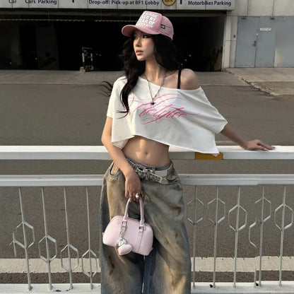 SylCue Letter Print T-Shirts Woman Summer Trend Skew Collar Off Shoulder Navel Exposed High Street Casual Fashion Style Tees