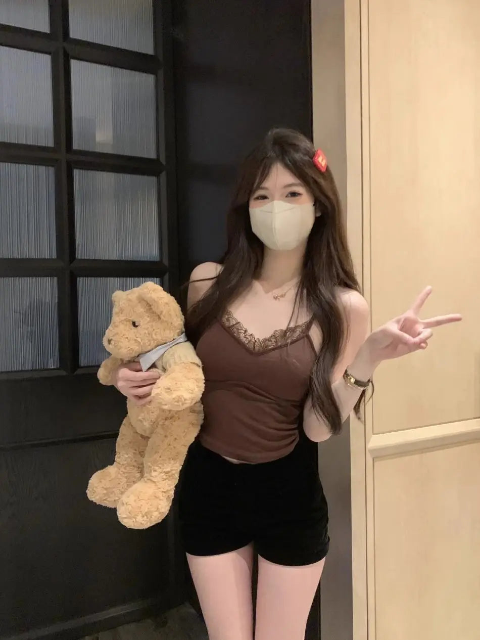 Lace Tank Top Women Cute Camis Sexy White Cropped Camisole Female Korean Sleeveless Black Vest Summer 2025 Coquette Y2k Clothes