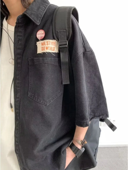Harajuku Tooling Mens Sets 2024 Summer American Street Retro Denim Suit Hip Hop Printed Cowboy Shirt+Wide Leg Jeans 2-pcs New