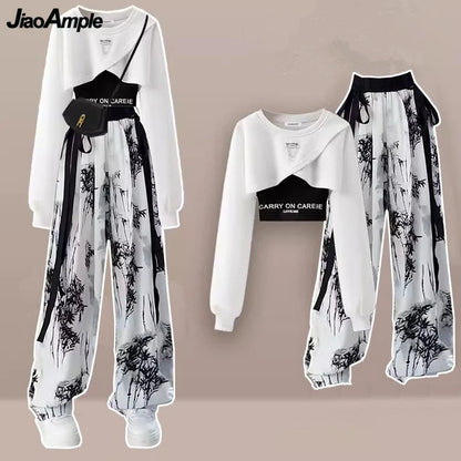 Spring Autumn Women Fashion Crop Sweatshirt Letter Sling Print Pants 1 or 3 - APEX RITUAL women's hoodies & sweatshirts