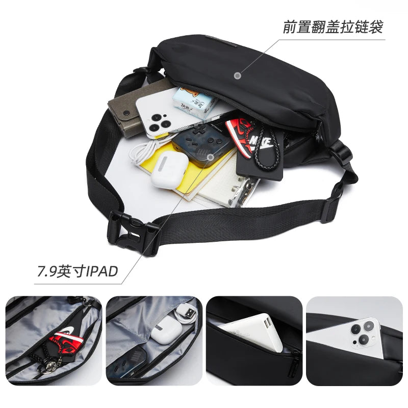 MATE ELAN Urban Business Thin Crossbody Shoulder Bag Men Fashion Waterproof Waist Fanny Pack Chest Bags Black Best iPad Bumbag