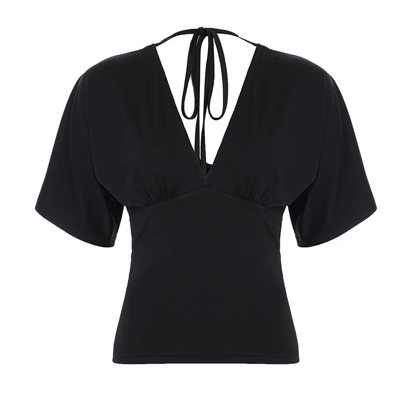 Sexy Deep V Neck Lace Spliced Tie Waist Slim Half Sleeve Crop Tee For Women