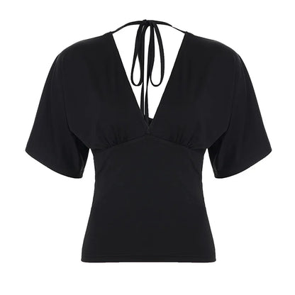 Sexy Deep V Neck Lace Spliced Tie Waist Slim Half Sleeve Crop Tee For Women