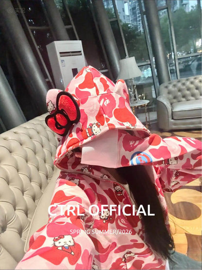 In  Stock  Anime Hello Kittys Hooded Jacket Girl Commuting Coat Jacket Kuromi Anime 3d Ears Hooded Cute Leopard Print Clothes
