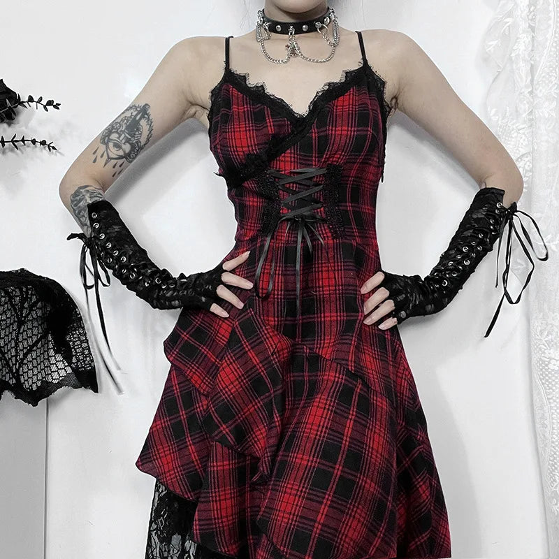 Women's Plaid Lace Spaghetti-Strap Midi Dress