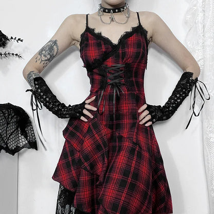Women's Plaid Lace Spaghetti-Strap Midi Dress