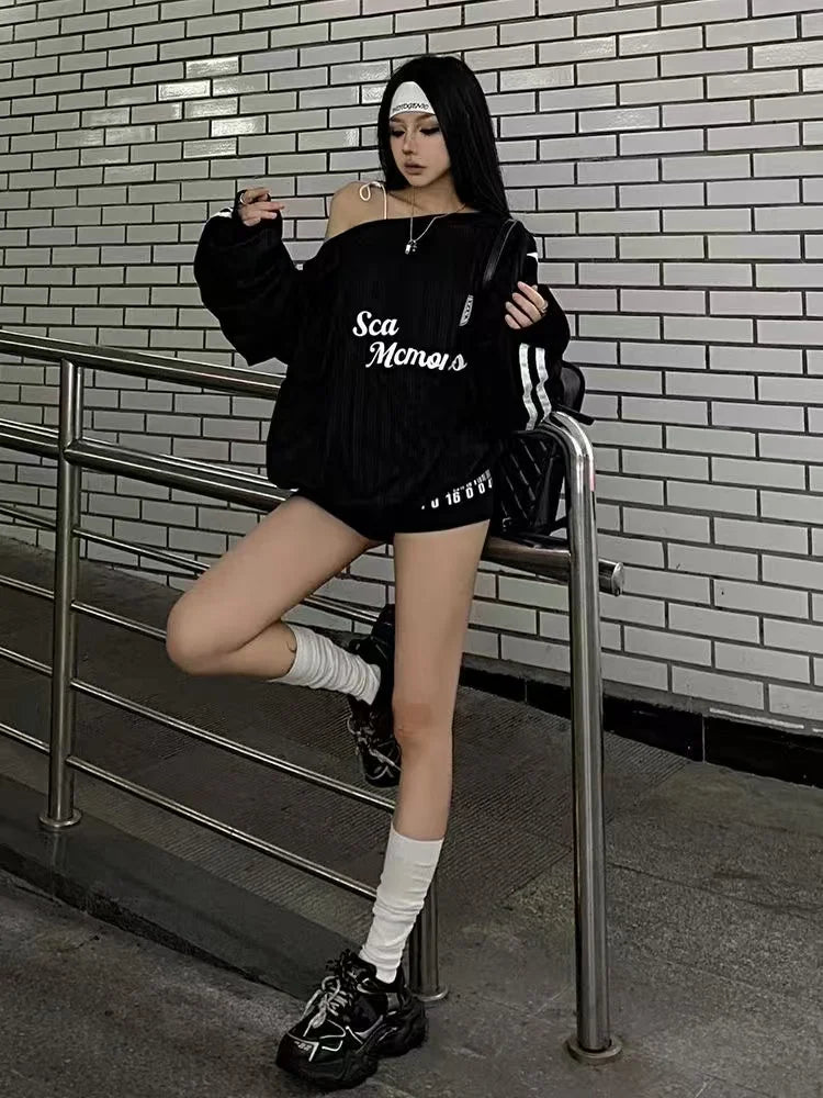 Spring and winter new American oblique shoulder long sleeve printed letter hoodie loose casual spice girls shirt T-shirt women