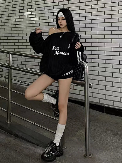 Spring and winter new American oblique shoulder long sleeve printed letter hoodie loose casual spice girls shirt T-shirt women