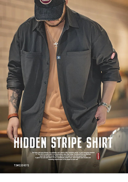 Maden Wrinkle-resistant Subtle Stripe Shirts for Men Outdoor Dark Gray Long-sleeved Loose Fit Shirt Autumn Pockets Shirts Jacket