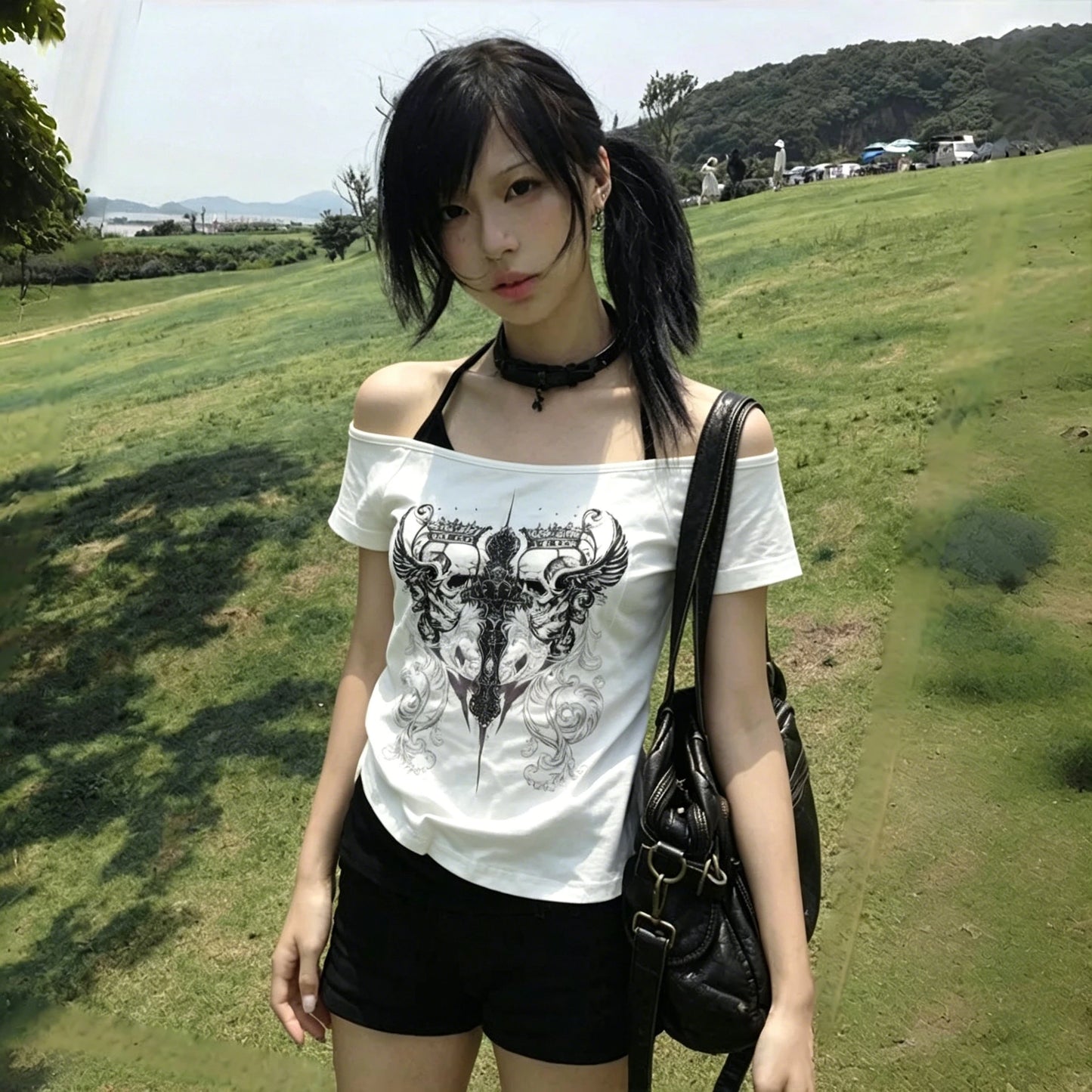 American Retro Fake Two Piece T-shirts Off Shoulder Short Sleeve Y2k Slim Fit Top Tee Skull Print Harajuku Streetwear 2026