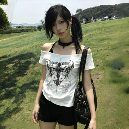 American Retro Fake Two Piece T-shirts Off Shoulder Short Sleeve Y2k Slim Fit Top Tee Skull Print Harajuku Streetwear 2026