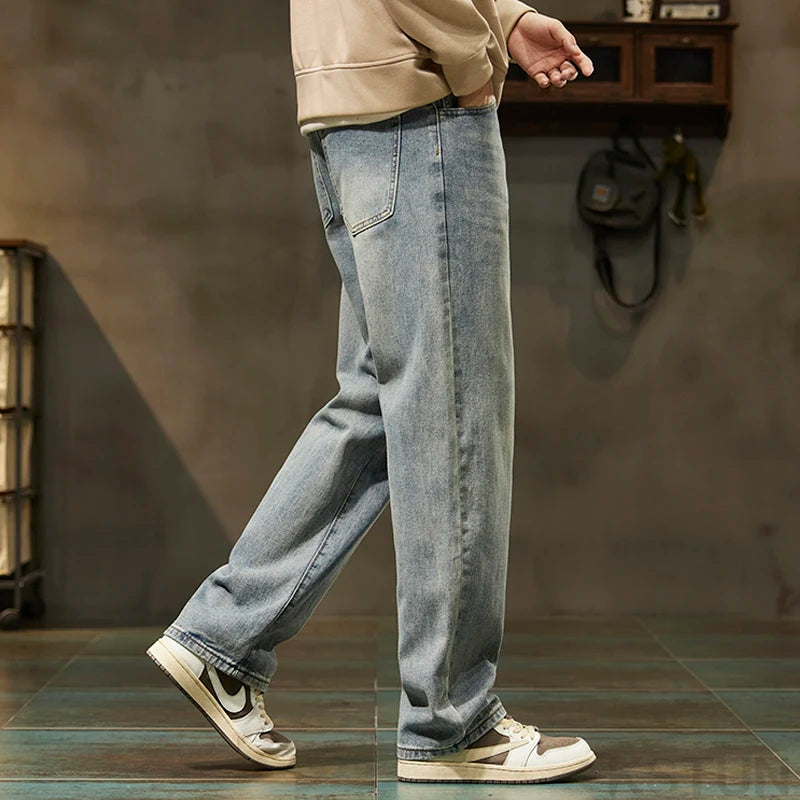KSTUN Light Blue Baggy Pant Men Wide Leg Jeans Loose Straight Casaul Streetwear Vintage Men's Trousers 100% Cotton Large Size 40