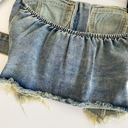 SINGREINY Vintage Denim Strapless Camis Backless Irregular Raw Hem Slim Distressed Crop Top Ladies Sashes Sexy Club Lingerie Top