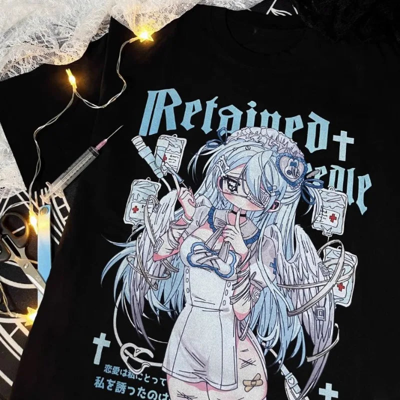 Kimutomo Women T Shirts Cartoon Printed Short Sleeve Loose Sweet Funny Y2k Aesthetic Harajuku Tops Grunge Gothic Ladies Casual