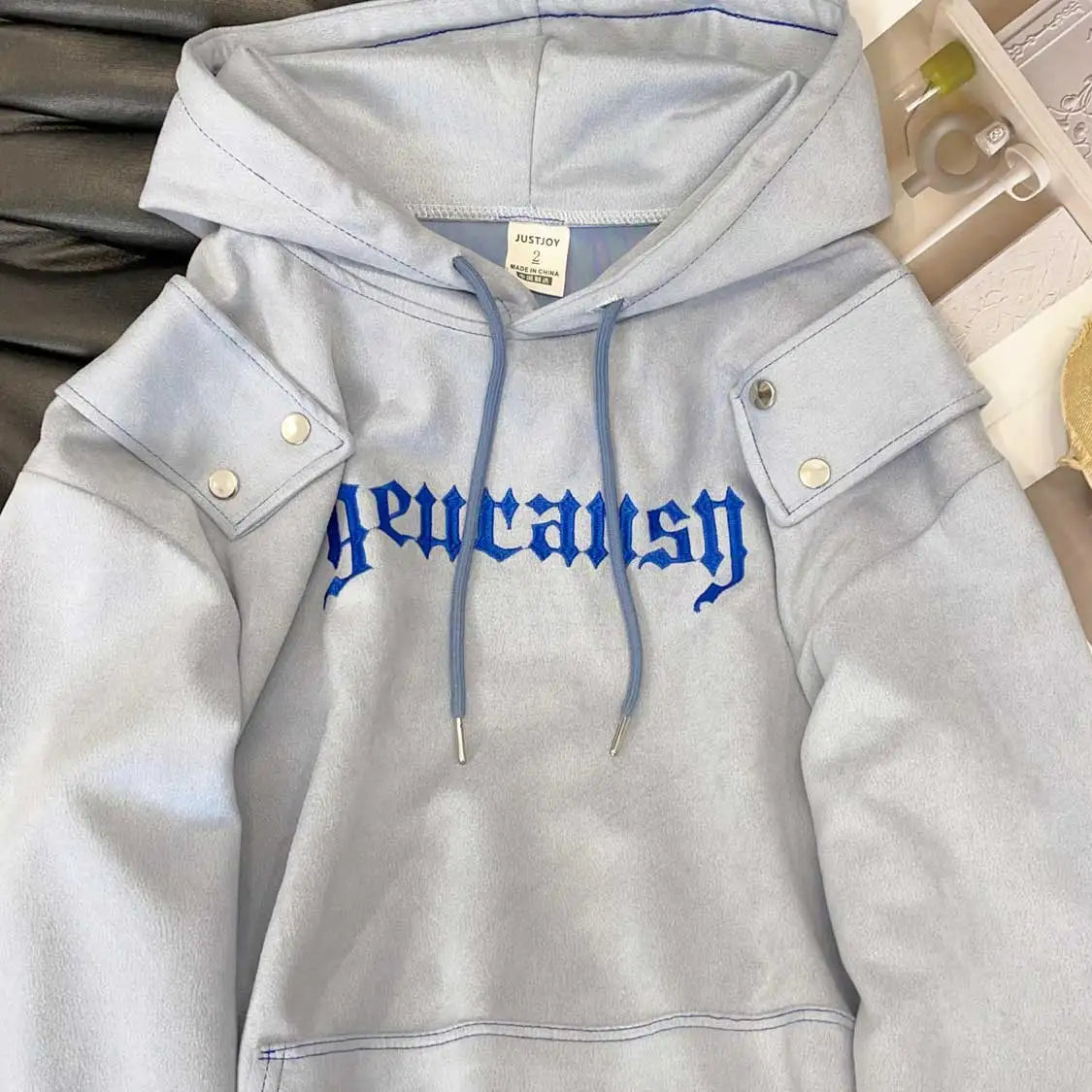 Stylish Oversized Patchwork Embroidered Sweatshirt Trendy Streetwear Black Splicing Loose Outerwear for Young Women