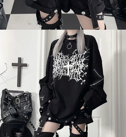 Original Print Subculture Dark Loose Long Sleeve Pure Cotton T-Shirt Japanese Punk Gothic Long Sleeve Round Neck Cool Girl Top
