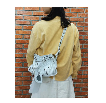 Neo Motorcycle Bag Handheld Rivet Head Layered Oil Wax Cowhide Crossbody Women's Bag Cool And Spicy Girl Retro Style Tote Bag