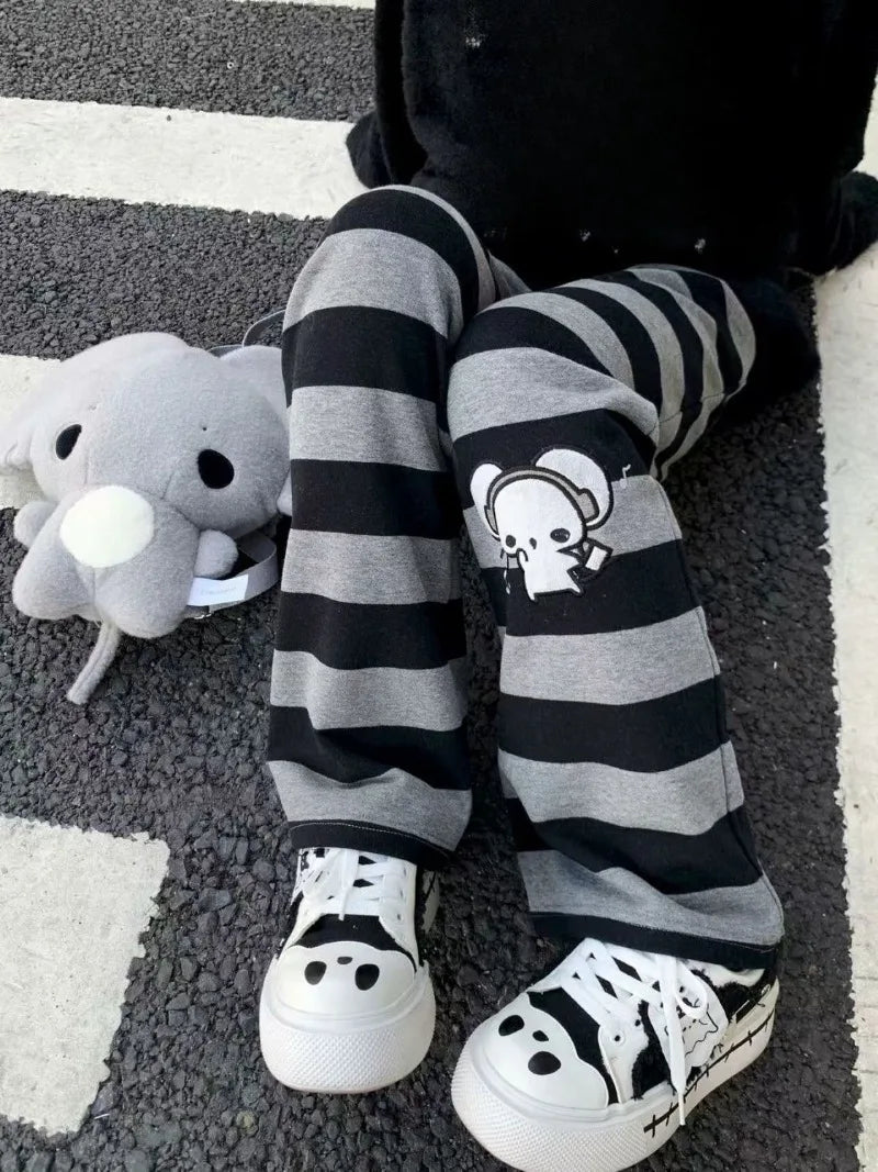 Kimotimo Punk Anime Printed Striped Pants Women Harajuku Y2k Straight Casual Long Trousers 2025 Autumn Vintage Gothic Streetwear