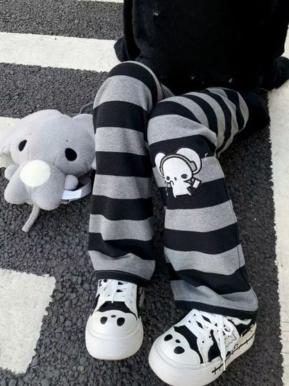 Kimotimo Punk Anime Printed Striped Pants Women Harajuku Y2k Straight Casual Long Trousers 2025 Autumn Vintage Gothic Streetwear