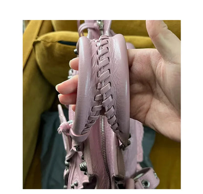 Neo Motorcycle Bag Handheld Rivet Head Layered Oil Wax Cowhide Crossbody Women's Bag Cool And Spicy Girl Retro Style Tote Bag