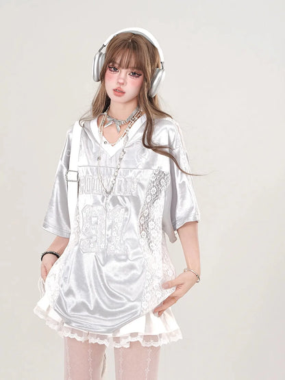 Retro American Splice V-neck Hollow out Lace Short Sleeve T-shirt Women Summer Embroidered Loose Sports Silver Top