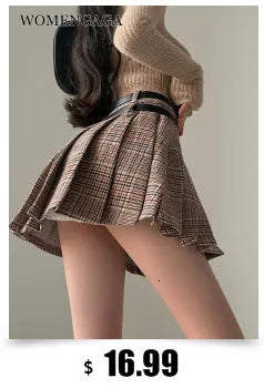 WOMENGAGA Preppy Style High Waist Slim Double Belt Slip Plaid Pleated Skirt Fashion Sexy Korean Women JK Skirts Sweet X8WN