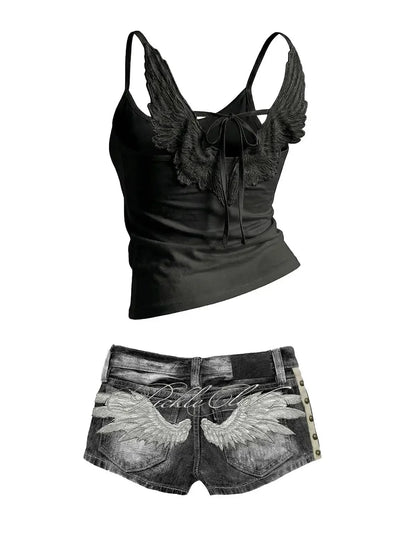 Women's Y2K Angel-Wing Denim Shorts Set
