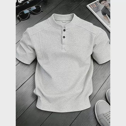 White Henry Collar  Shirt Men's Summer Splice Design Short Sleeve Cleanfit Heavyweight Half Sleeve Business Casual T-Shirt