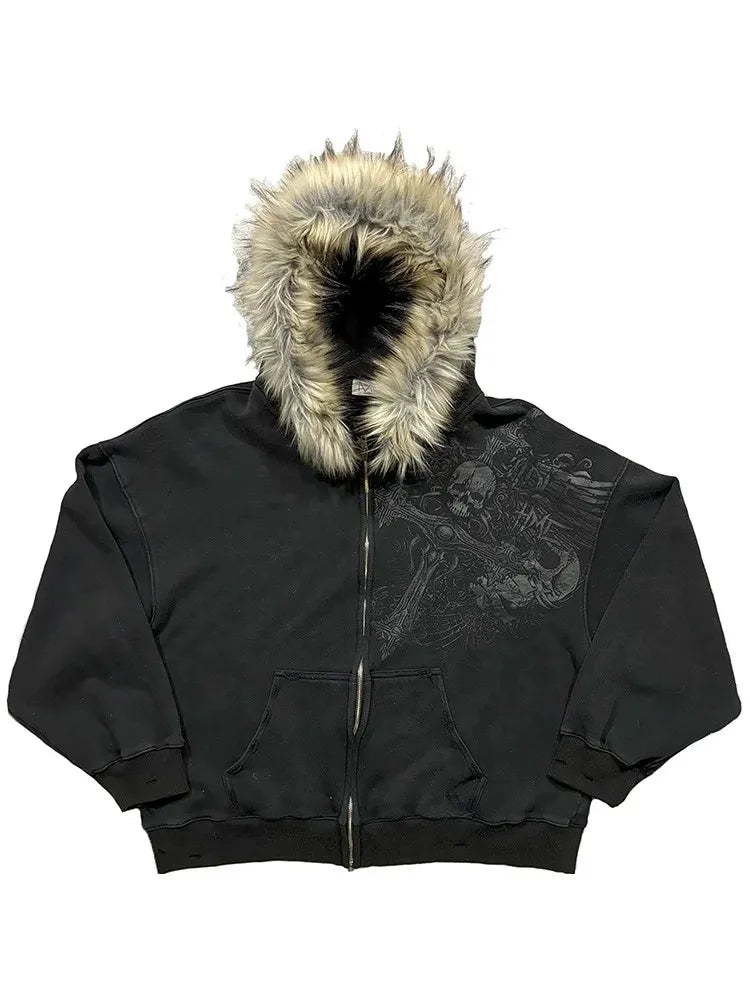 Dark Gothic Style Cross Design Printed Large Fur Collar Zipper Cardigan for Women 2026 Y2k Harajuku Spicy Girl Hooded Sweatshirt