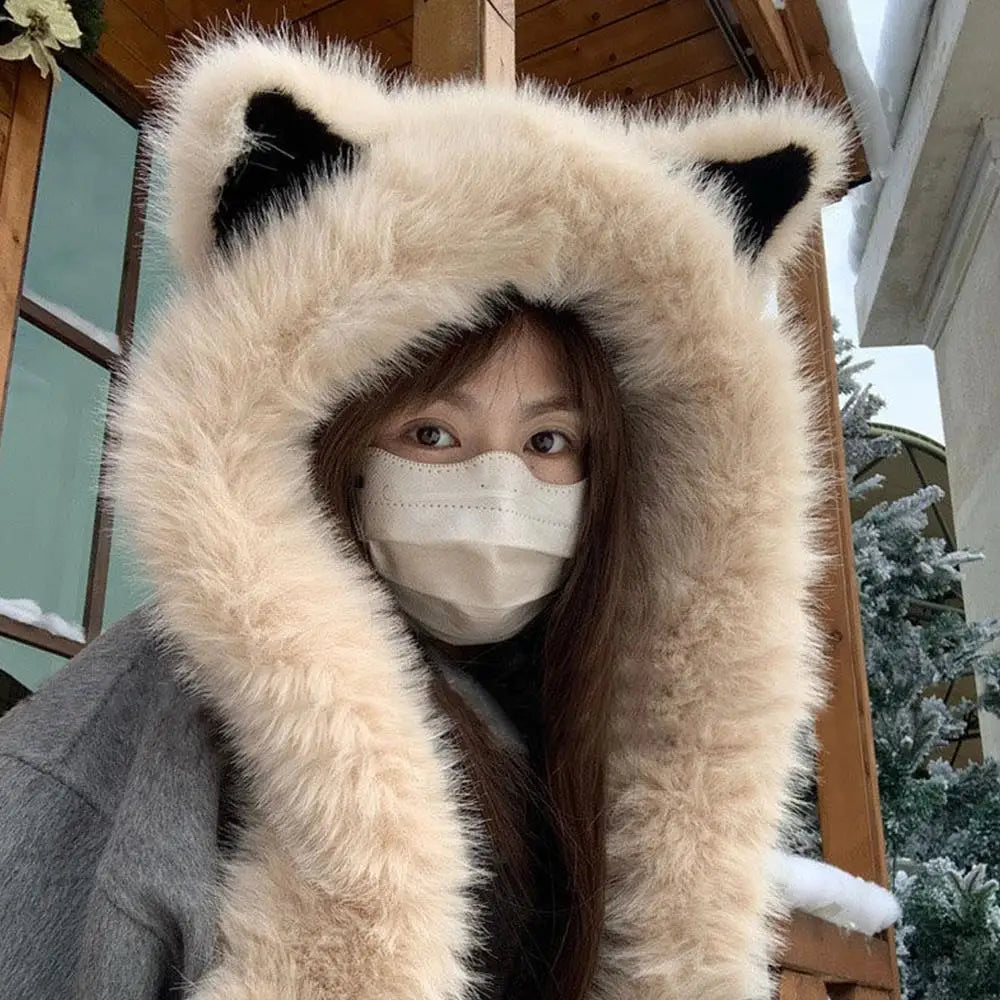 2025 New Women's Plush Fox Ear Bucket Hat Windproof Integrated Cap Scarf Trendy Cute Plush Neck Warm Hat Scarf Balaclava Hat