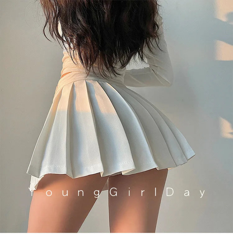  Pleated Skirt with Shorts Women Sexy High Waist White Black A-line Korean Gyaru Mini Tennis Skirt School Girl Summer