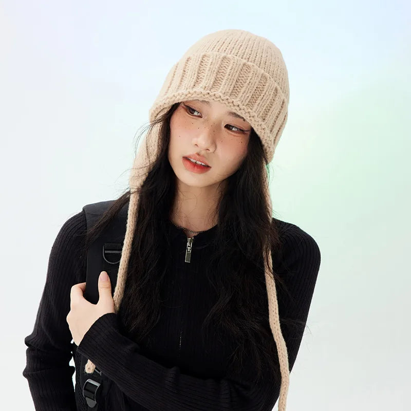 New Winter Cute Candy Colors Knitted Cap Fashion for Women Skullies Beanies Outdoor Windproof Thickened Warm Ear Protection Hat