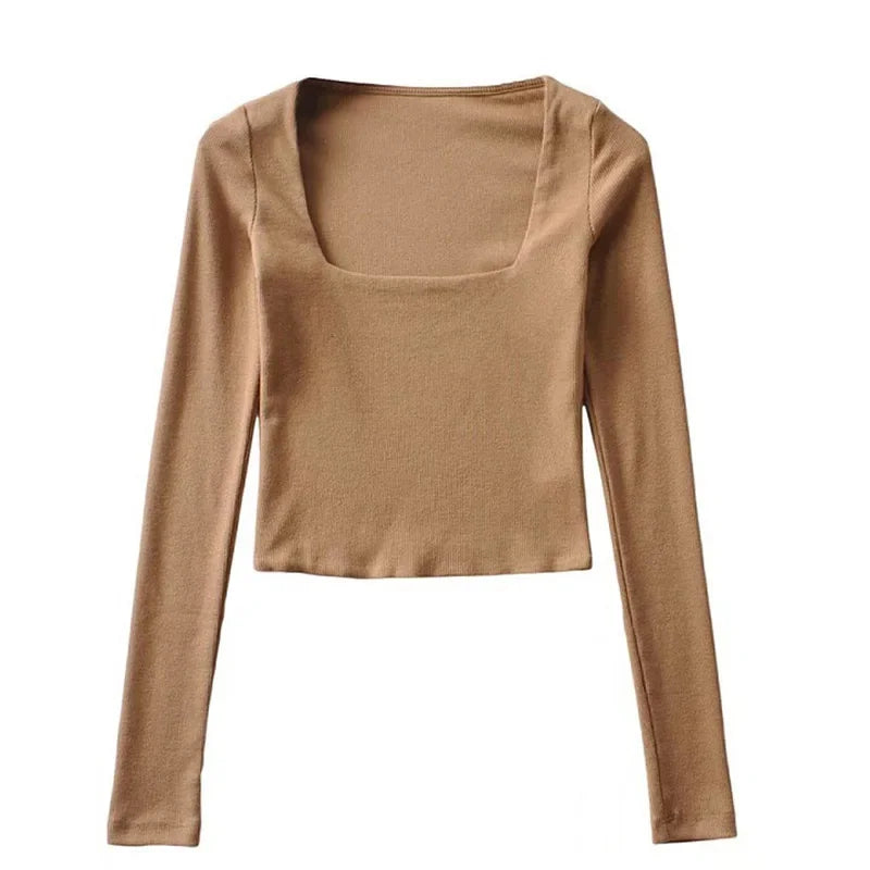 Women's Ribbed Square-Neck Long-Sleeve Crop Top