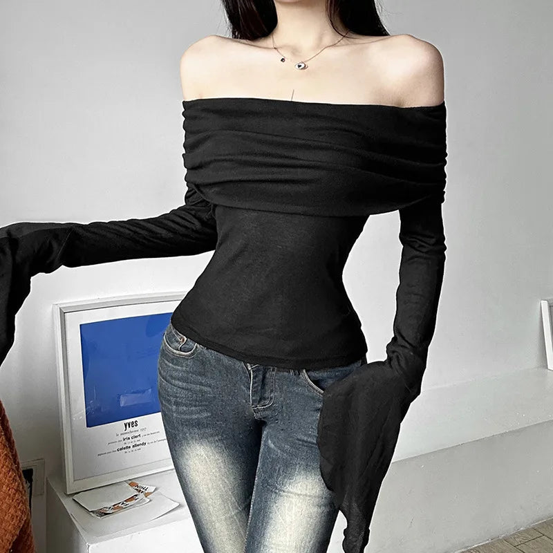 Y2k Aesthetic Simple Fashion Women's Tee Shirts Slash Neck Long Sleeve Solid Casual T-Shirts Vintage Off Shoulder Trendy Tshirts