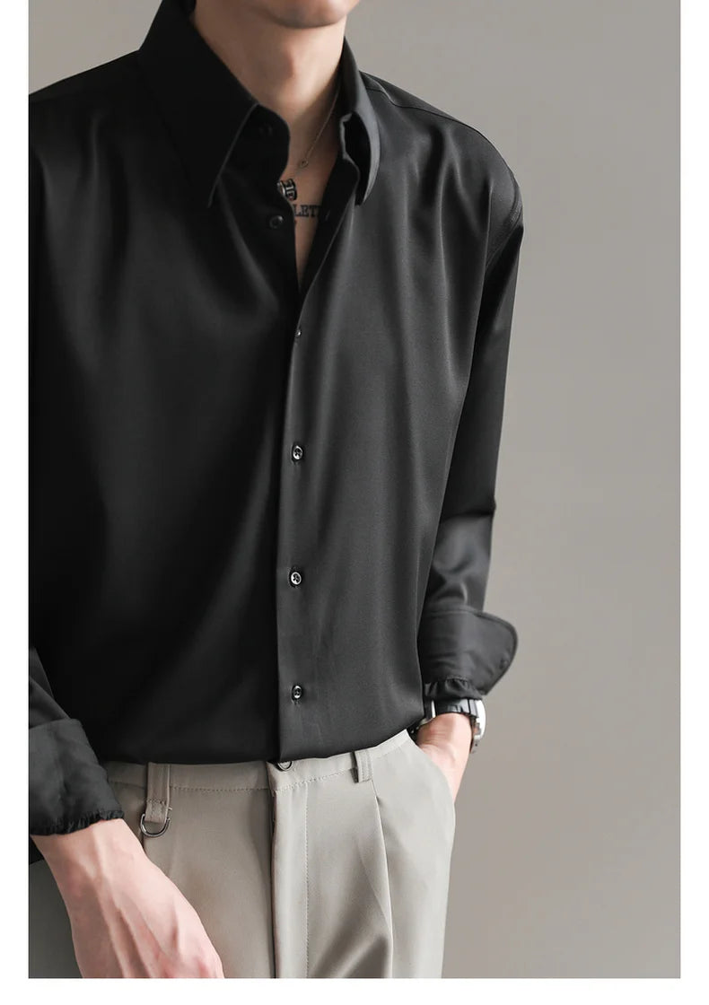 Black White Shirt Men Fashion Social Mens Dress Shirt Korean Loose Long Sleeved Shirt Mens Office Formal Shirts Ice Silk M-2XL