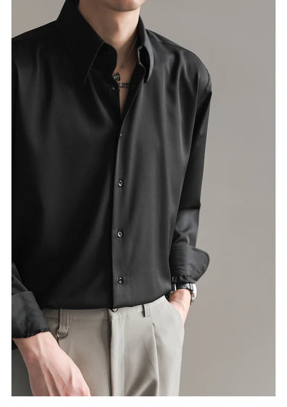 Black White Shirt Men Fashion Social Mens Dress Shirt Korean Loose Long Sleeved Shirt Mens Office Formal Shirts Ice Silk M-2XL