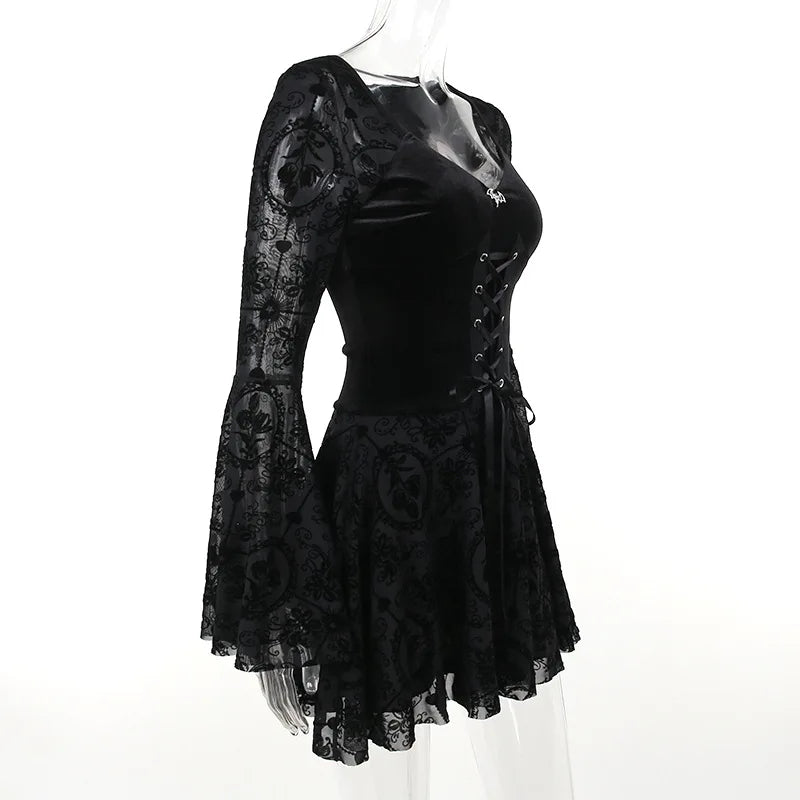 Goth Dark Elegant Vintage Mall Gothic Velvet Dresses Grunge Punk Style Flocked Bandage Dress Women Flare Sleeve Party Alt Outfit