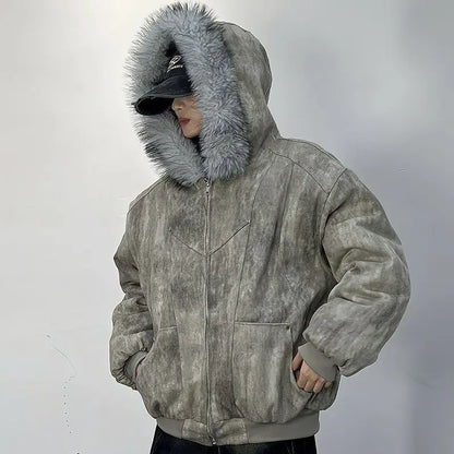 Winter men's cotton jacket with fur collar eagle embroidery and tie-dye design outdoor style jacket thickens and comfortable