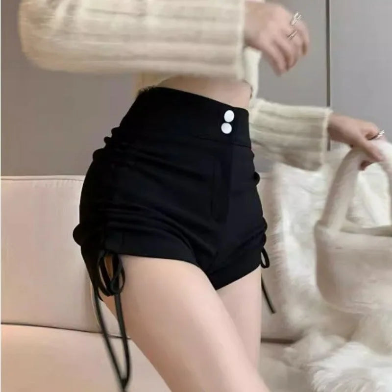 XS-5XL Shorts Women Black Wide-leg High Waist Shirring Lace-up All-match Streetwear Korean Fashion Summer Female Casual Y2k Chic