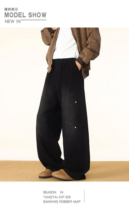 Men's Spring And Autumn Fashion Washed Large Versatile Casual Pants Retro Splicing Nail Beaded Jeans Loose Straight Leg Pants